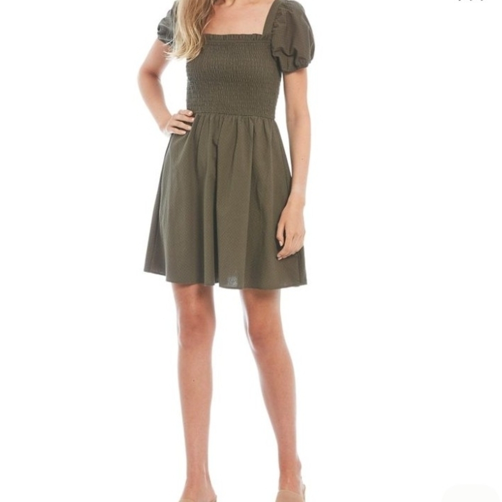 Copper Key Army Green Puff Sleeve Mini Dress